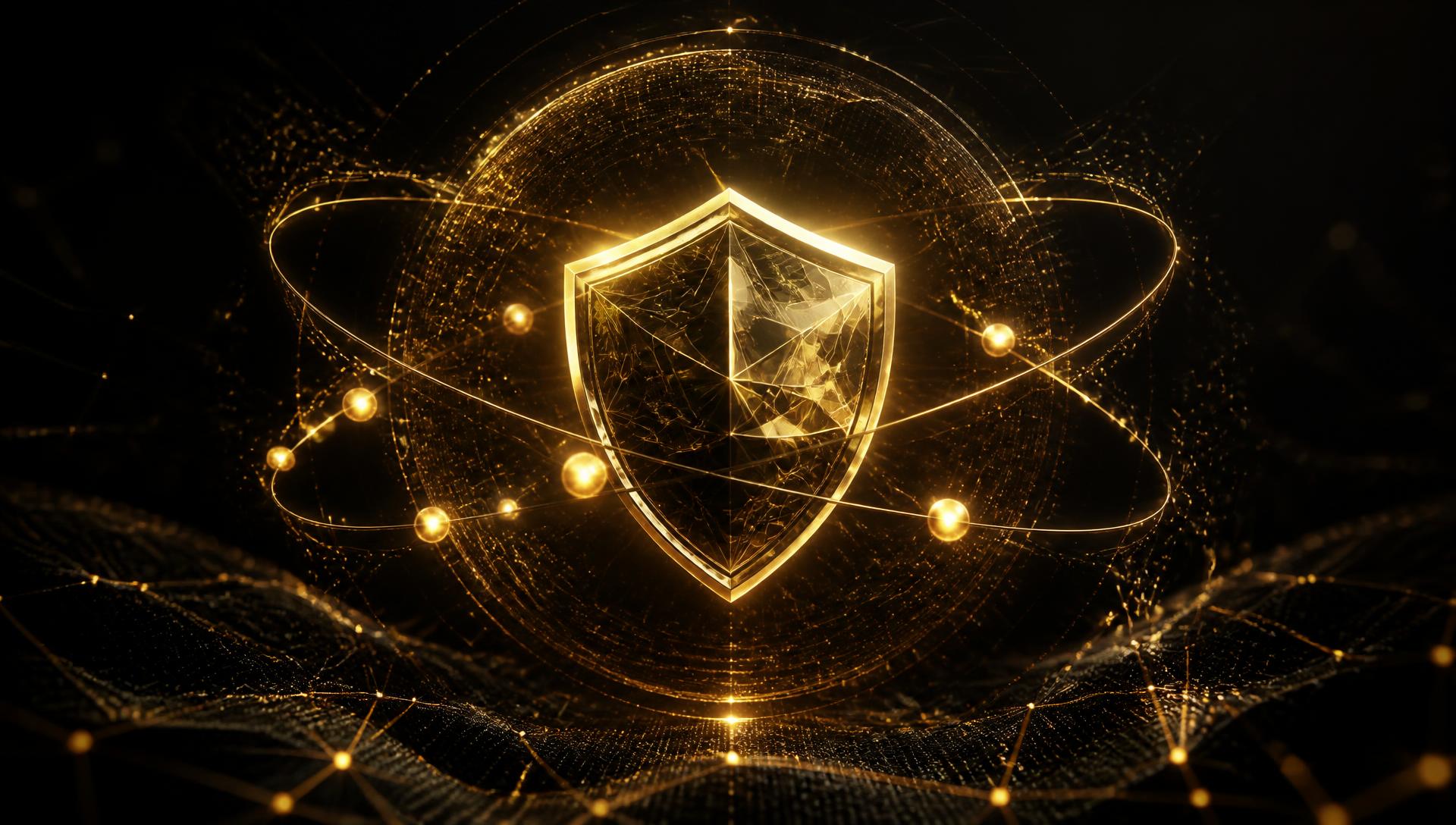 Golden sovereign shield emblem surrounded by orbital quantum rings